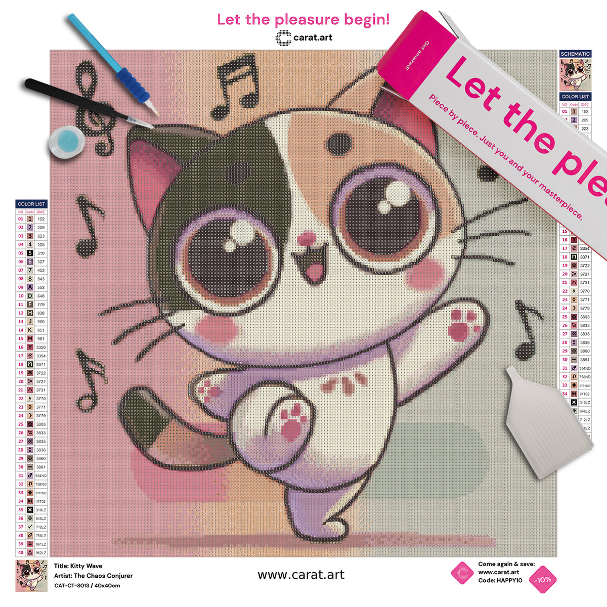 Diamond Painting Komplett-Set mit kleinem Kätzchen und schwebenden Musiknoten inklusive Leinwand, cearat.com Karton und Diamond Painting Werkzeug