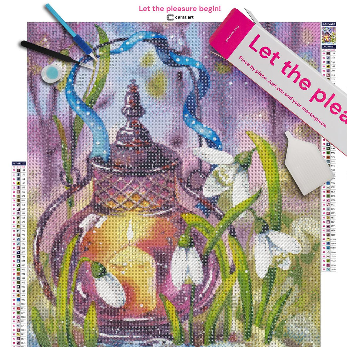 Diamond Painting Set mit leuchtender Laterne, Schneeglöckchen und blauem Band als winterliches Motiv inklusive Leinwand, cearat.com Karton und hochwertigem Zubehör
