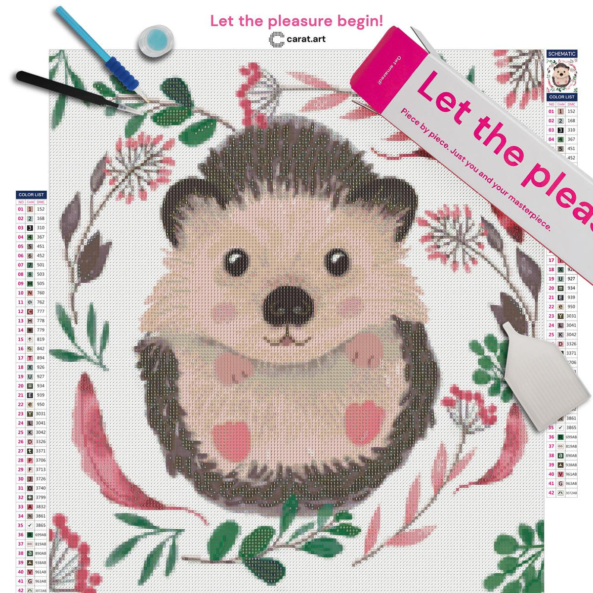 Diamond Painting Set mit kleinem Igel und floralen Elementen inklusive Leinwand, cearat.com Karton und hochwertigem Zubehör