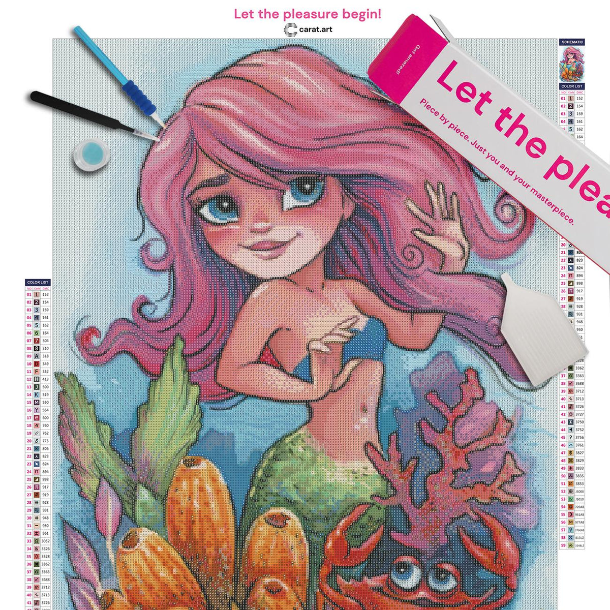 Diamond Painting Set mit kleiner Meerjungfrau, Krabbe und farbenfroher Unterwasserwelt inklusive Leinwand, cearat.com Karton und hochwertigem Zubehör