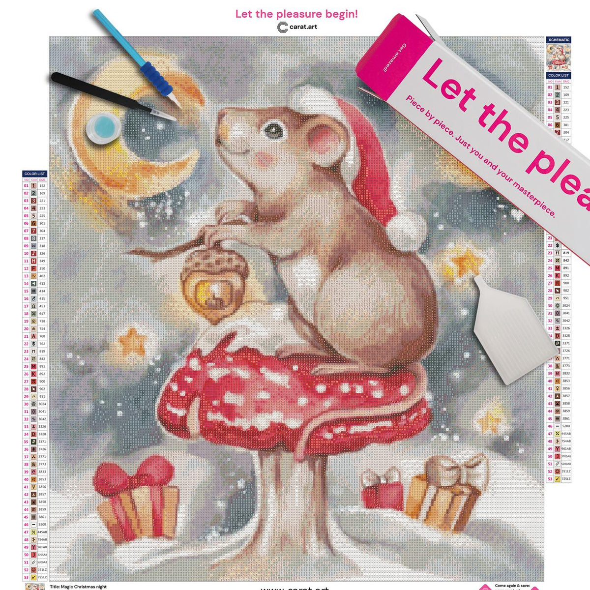 Diamond Painting Set mit kleiner Weihnachtsmaus, Laterne, roter Weihnachtsmütze und Fliegenpilz in winterlicher Nachtkulisse inklusive Leinwand, cearat.com Karton und hochwertigem Zubehör