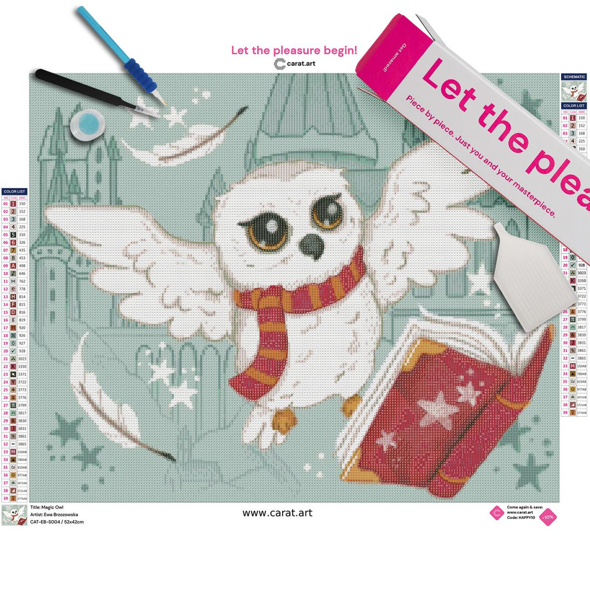 Diamond Painting Komplettset mit weißer Eule, magischem Zauberbuch und Zauberschulmotiv inklusive Leinwand, cearat.com Karton und hochwertigem Zubehör