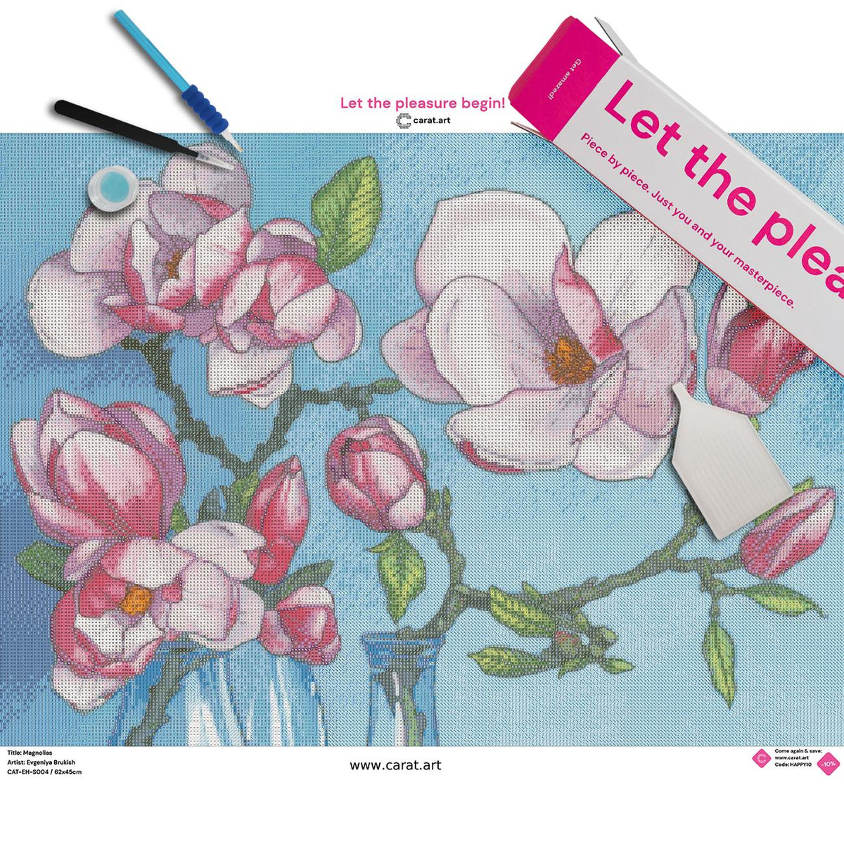 Diamond Painting Set mit rosa-weißen Magnolien und Glasgefäßen inklusive Leinwand, cearat.com Karton und hochwertigem Zubehör