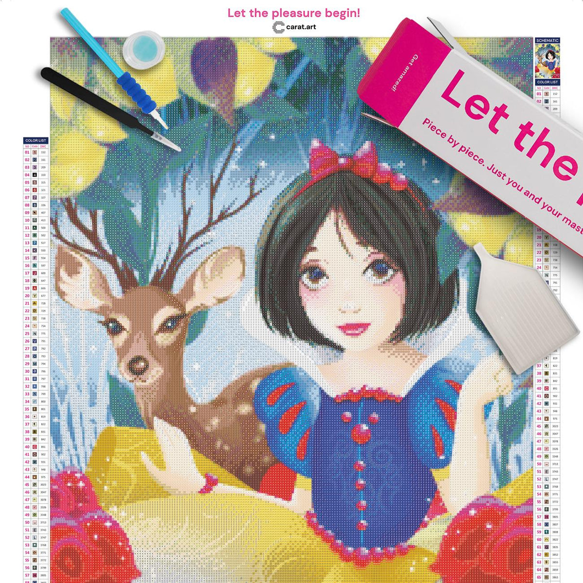 Diamond Painting Set mit Schneewittchen, Reh und rote Rosen inklusive Leinwand, cearat.com Karton und hochwertigem Zubehör