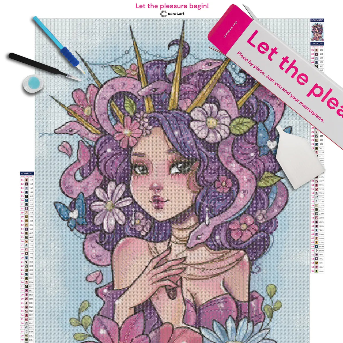 Diamond Painting Set mit Medusa, Schlangen und floralen Elementen auf Leinwand mit cearat.com Karton und Zubehör