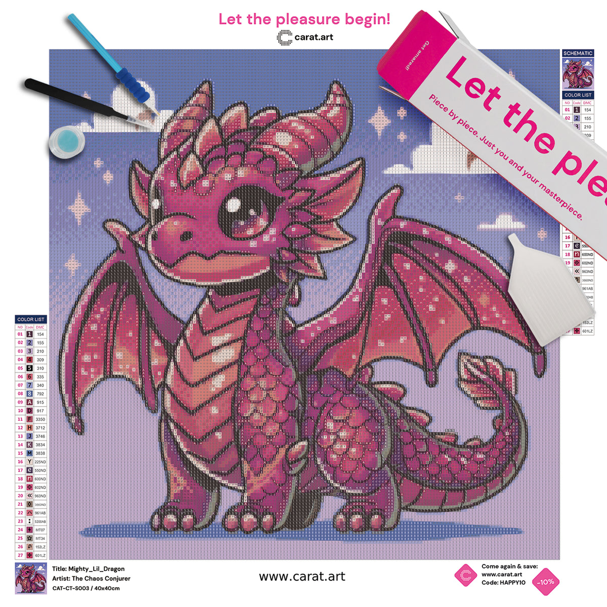 Diamond Painting Set mit kleinem weinrotem Drachen, detaillierten Schuppen, Hörnern und Flügeln vor blauem Himmel mit weißen Wölkchen inklusive Leinwand, cearat.com Karton und hochwertigem Zubehör