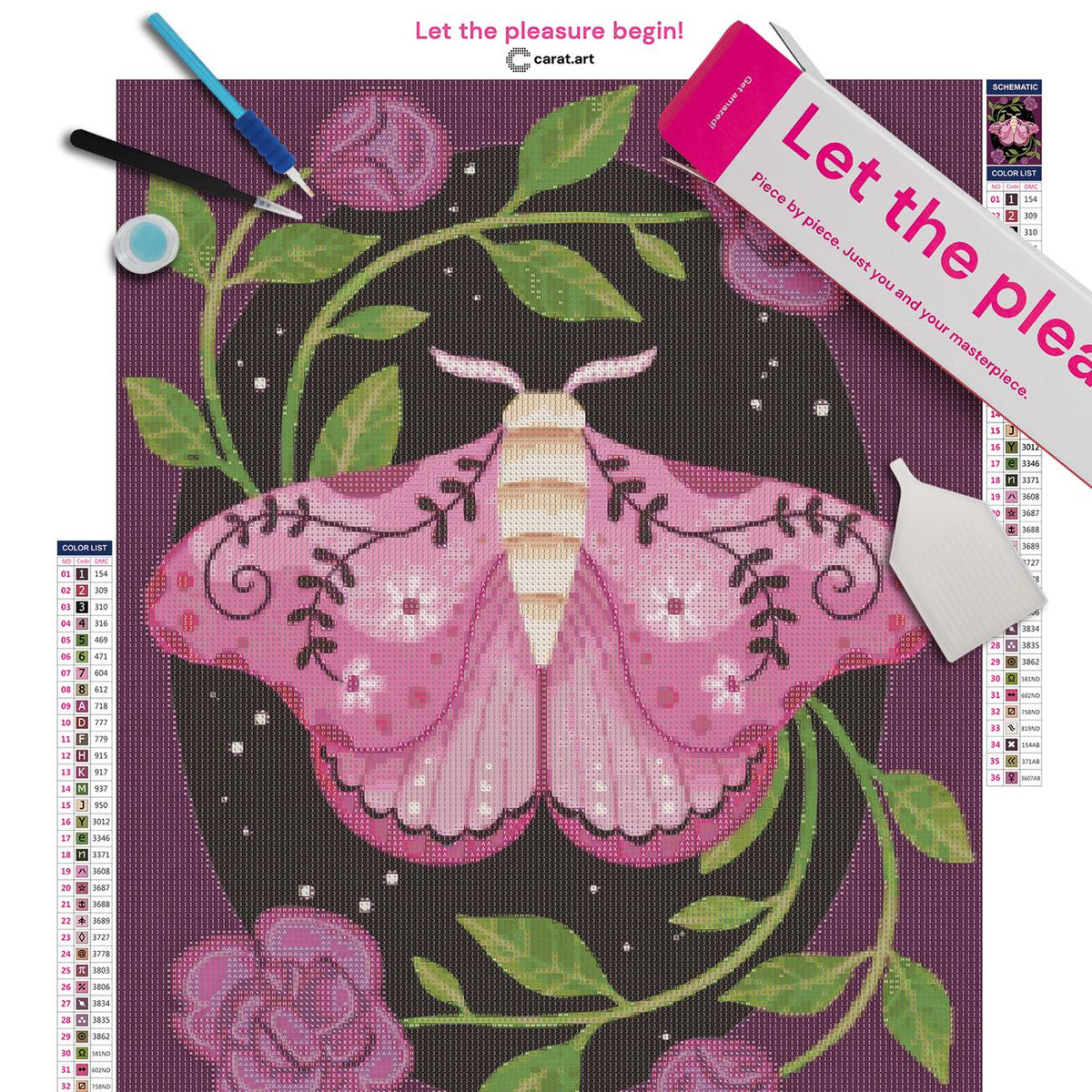 Diamond Painting Set mit zartrosa Nachtfalter, Blumen, Blättern und dekorativen Flügelmotiven inklusive Leinwand, cearat.com Karton und hochwertigem Zubehör