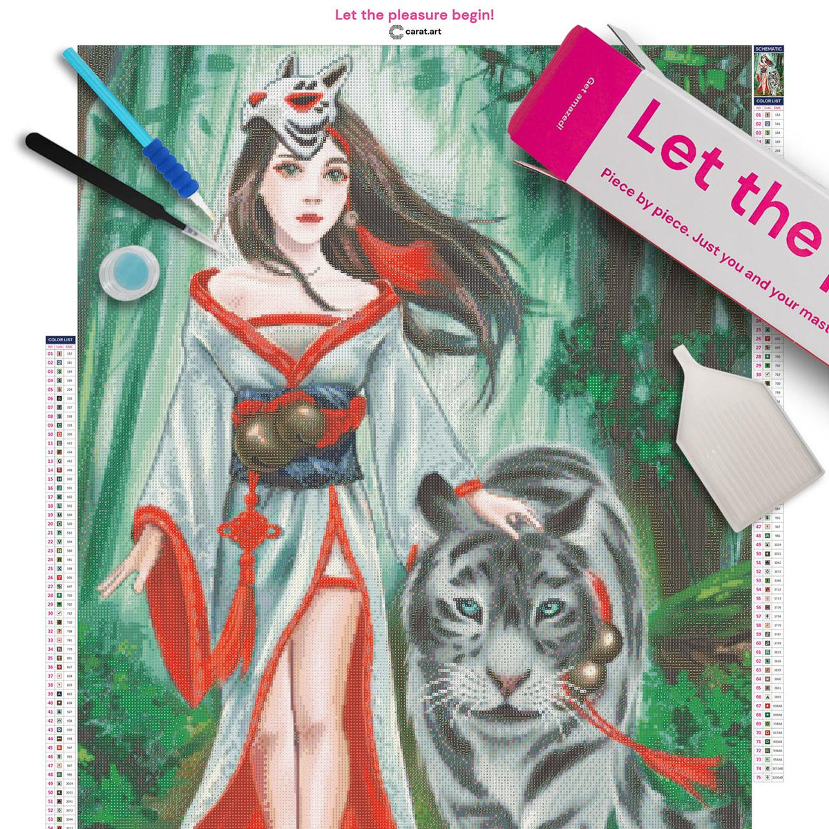 Diamond Painting Set mit Kimono Mädchen und Tiger Motiv inklusive Leinwand, cearat.com Karton und hochwertigem Zubehör