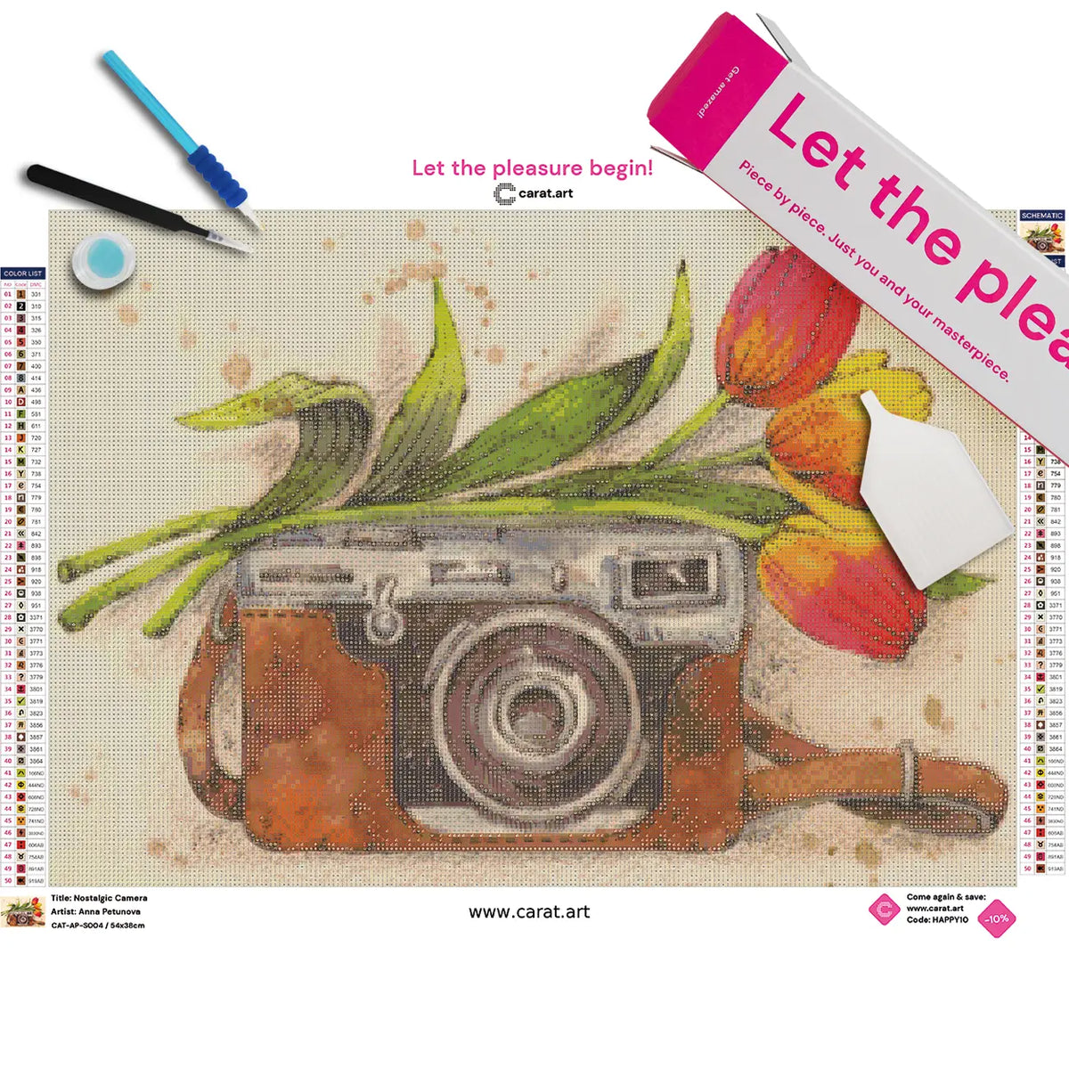 Diamond Painting Set von einem Kamera-Motiv mit Tulpen auf Leinwand mit cearat.com Box und Zubehör