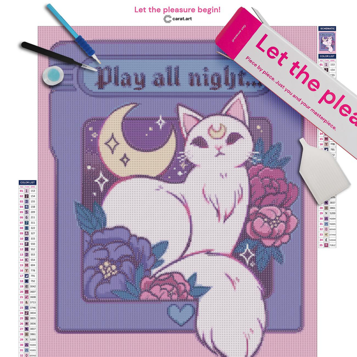Premium Diamond Painting Set mit magischer Anime Katze, Blumen und Sternenhimmel inklusive Leinwand, cearat.com Karton und hochwertigem Zubehör