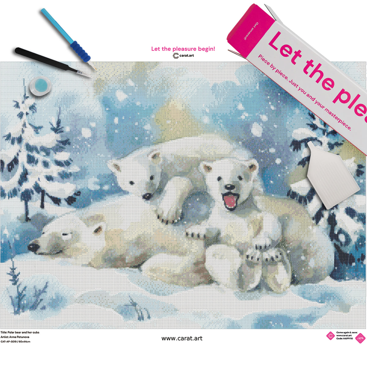 Premium Diamond Painting Set mit Eisbärenmutter und zwei Eisbärenjungen in verschneiter Winterlandschaft inklusive Leinwand, cearat.com Karton und hochwertigem Zubehör