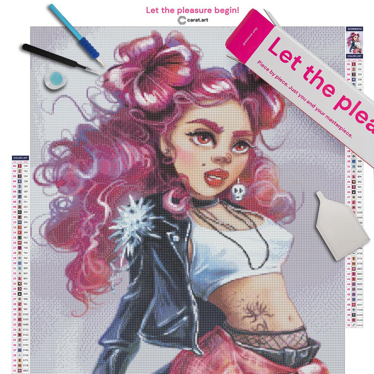 Diamond Painting Set mit Punk-Girl, pinkfarbenen Locken, Lederjacke, zerrissener Jeans und sichtbarem Bauchtattoo inklusive Leinwand, cearat.com Karton und hochwertigem Zubehör