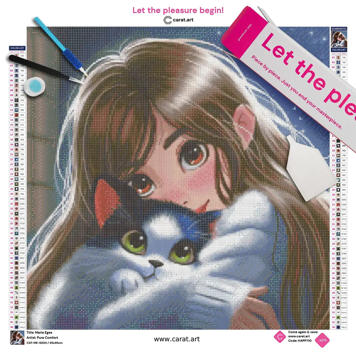 Diamond Painting Set mit Mädchen mit dunklen Haaren und kuscheligem Wollpullover, die mit ihrer Katze vor einem funkelnden Sternenhimmel kuschelt, inklusive Leinwand, cearat.com Karton und hochwertigem Zubehör