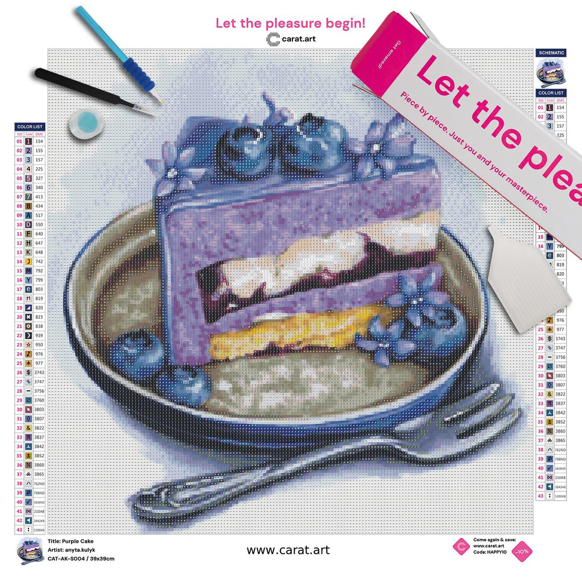 Diamond Painting Set mit lila Torte, Blaubeeren und blauen Blüten inklusive Teller und Gabel sowie Leinwand, cearat.com Karton und hochwertigem Zubehör