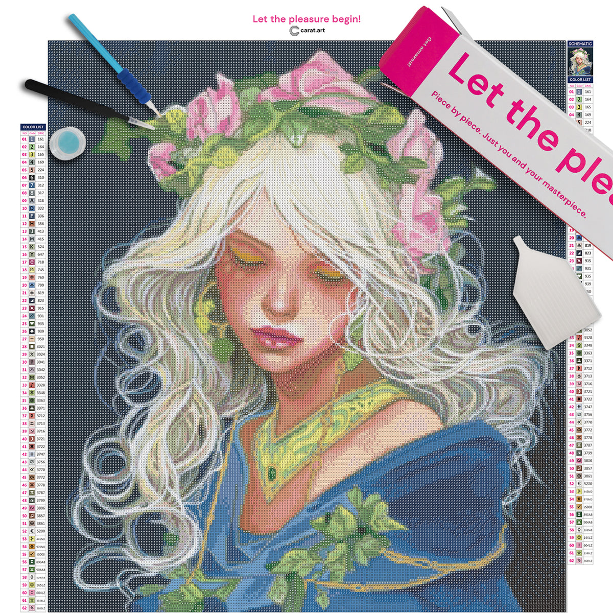 Premium Diamond Painting Set mit Königin, Rosenkrone und Efeublättern auf Leinwand mit cearat.com Karton und hochwertigem Zubehör