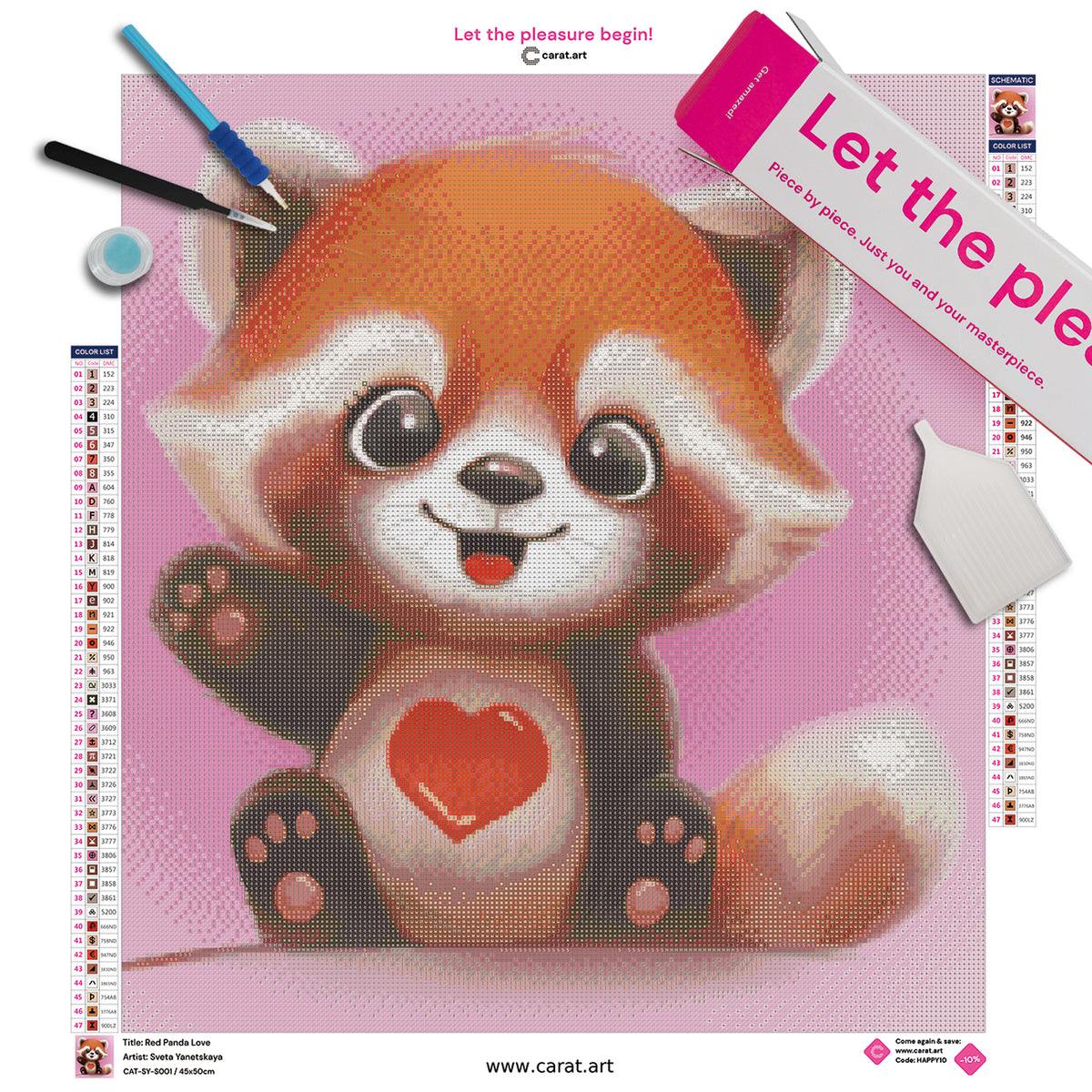 Diamond Painting Set mit rotem Panda Liebesmotiv inklusive Leinwand, cearat.com Karton und hochwertigem Zubehör