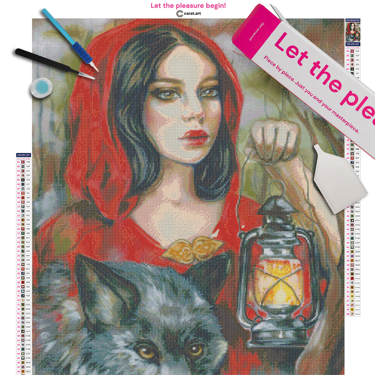 Diamond Painting Set mit Rotkäppchen und Wolf im Märchenmotiv inklusive Leinwand, cearat.com Karton und hochwertigem Zubehör