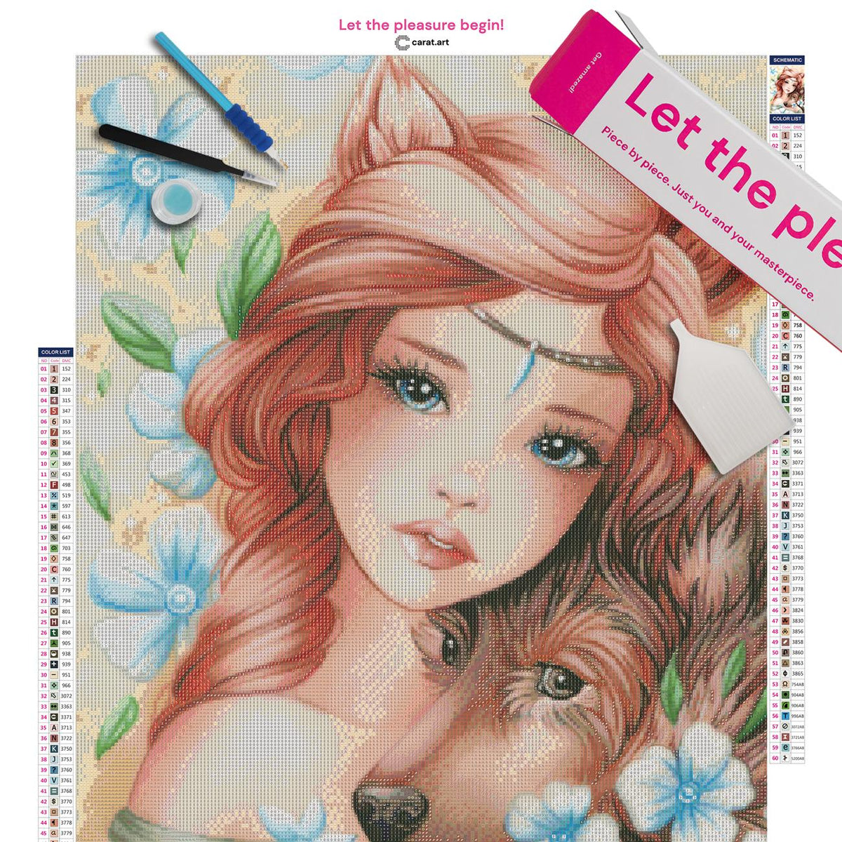 Diamond Painting Set mit rothaarigem Mädchen, pelzigen Fuchsohren und ihrem Hund, umgeben von weiß-blauen Blüten und filigranen Blättern inklusive Leinwand, cearat.com Karton und hochwertigem Zubehör