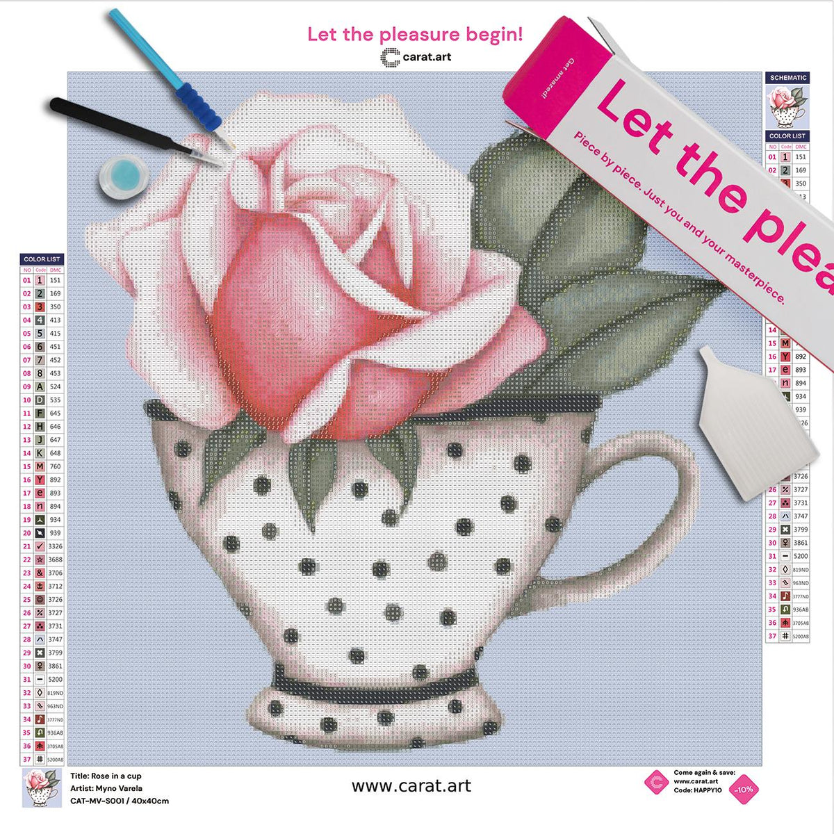 Diamond Painting Set mit Rose in einer Tasse inklusive Leinwand, cearat.com Karton und hochwertigem Zubehör
