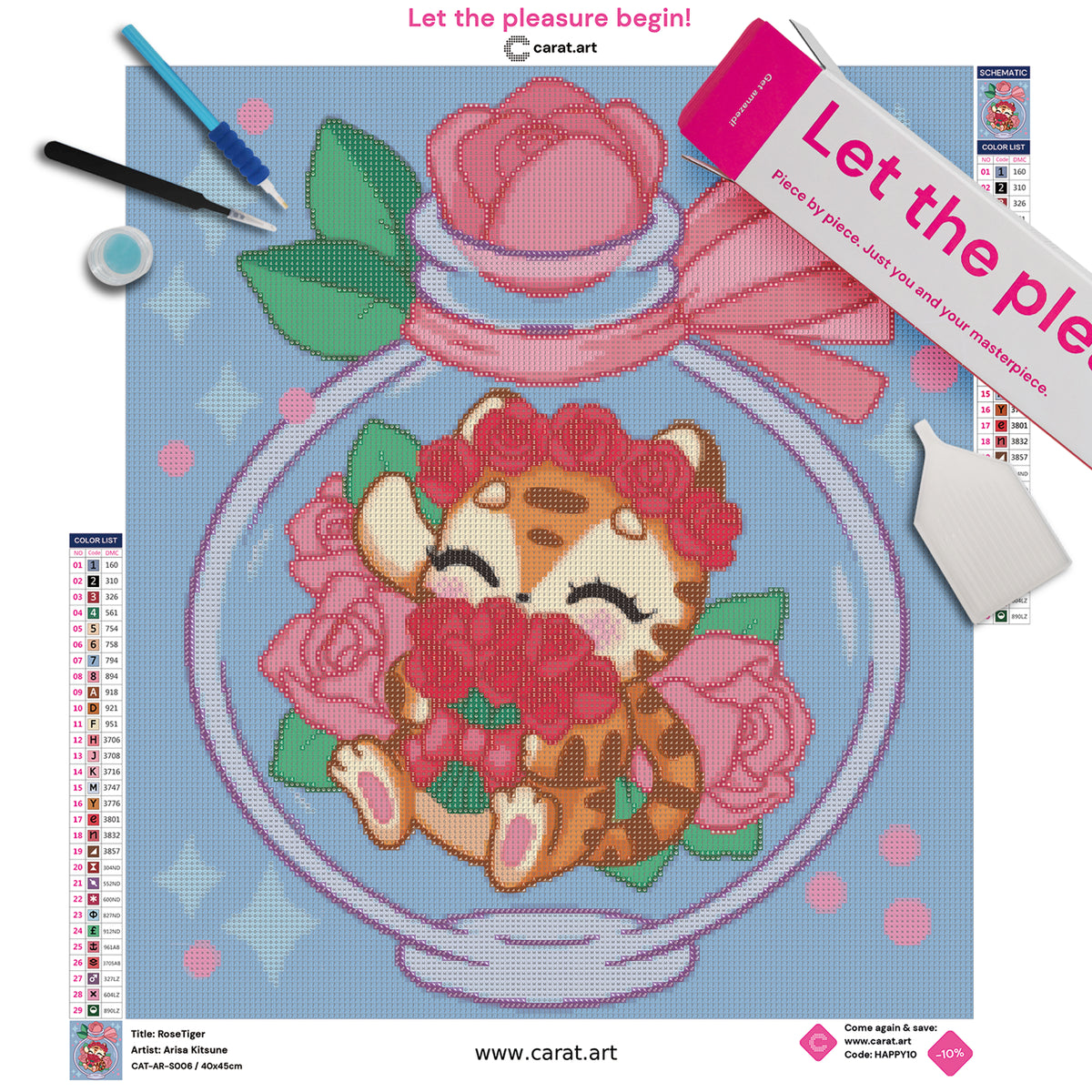 Diamond Painting Komplett-Set mit kleinem Tiger, Rosenkranz, Rosenstrauß und dekorativem Glasflakon inklusive Leinwand, Diamond Painting Zubehör und cearat.com Karton