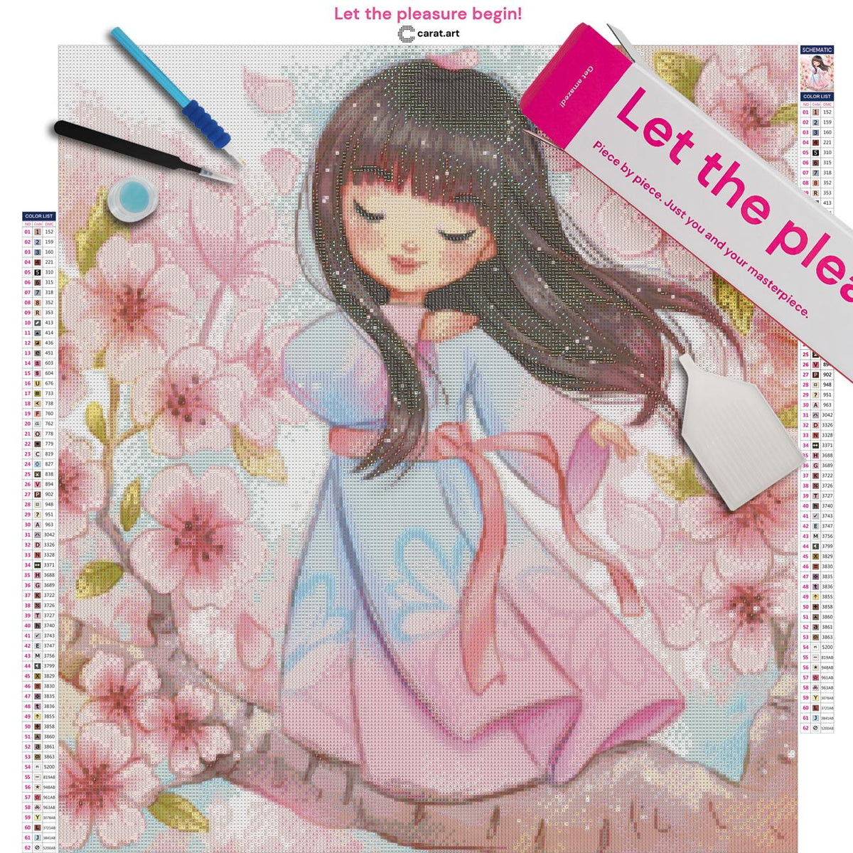 Diamond Painting Set mit japanischer Tänzerin auf einem Kirschbaum-Ast und blühenden Sakura-Zweigen inklusive Leinwand, cearat.com Karton und hochwertigem Zubehör