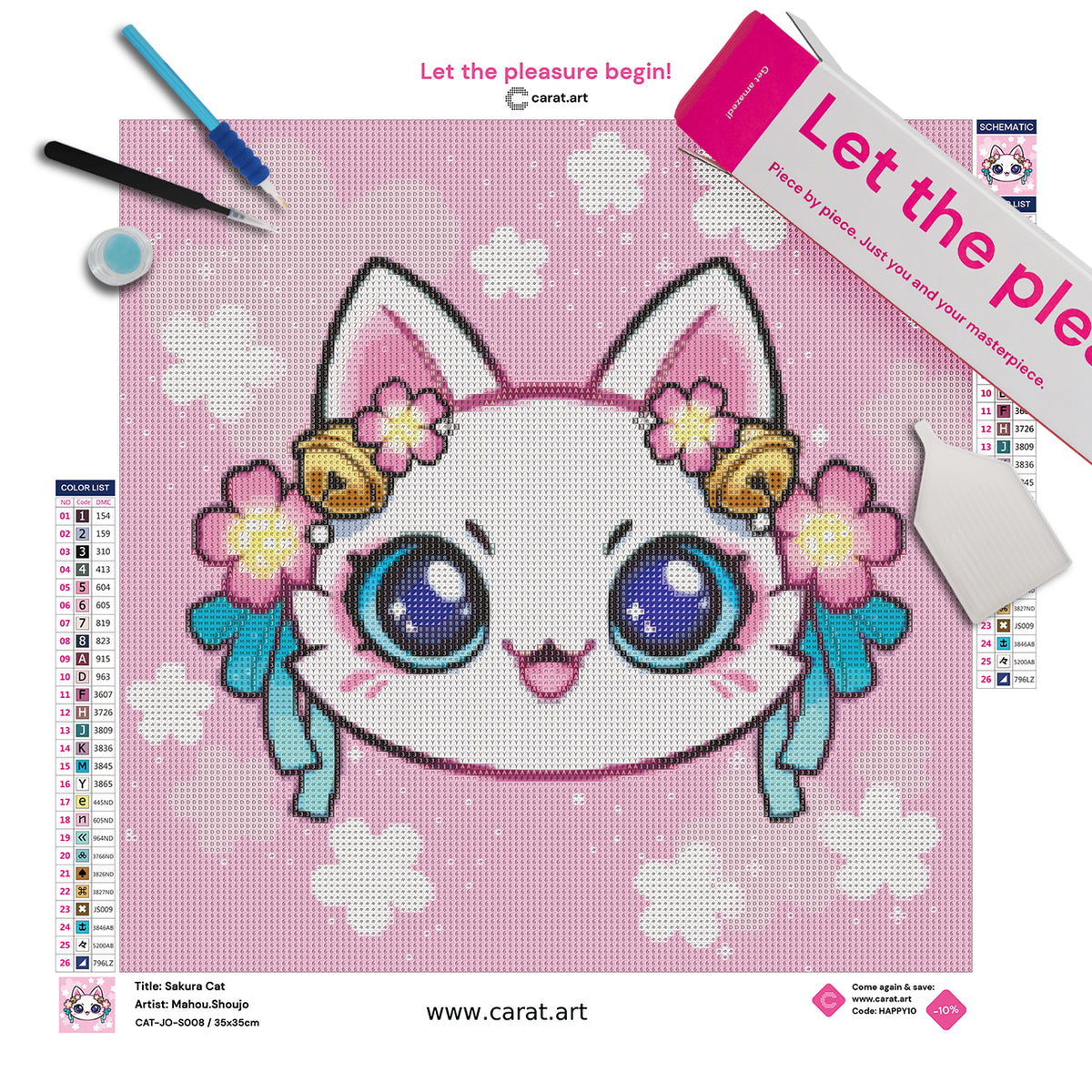 Diamond Painting Set mit Kawaii Sakura Katzenmotiv inklusive Leinwand, cearat.com Karton und hochwertigem Zubehör
