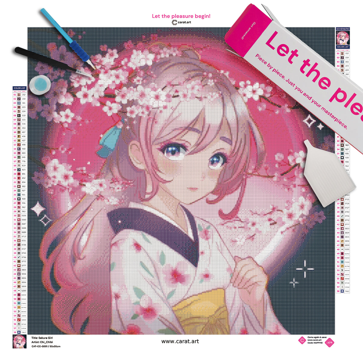 Diamond Painting Set mit Mädchen im Kimono und blühenden Sakura-Zweigen inklusive Leinwand, cearat.com Karton und hochwertigem Zubehör
