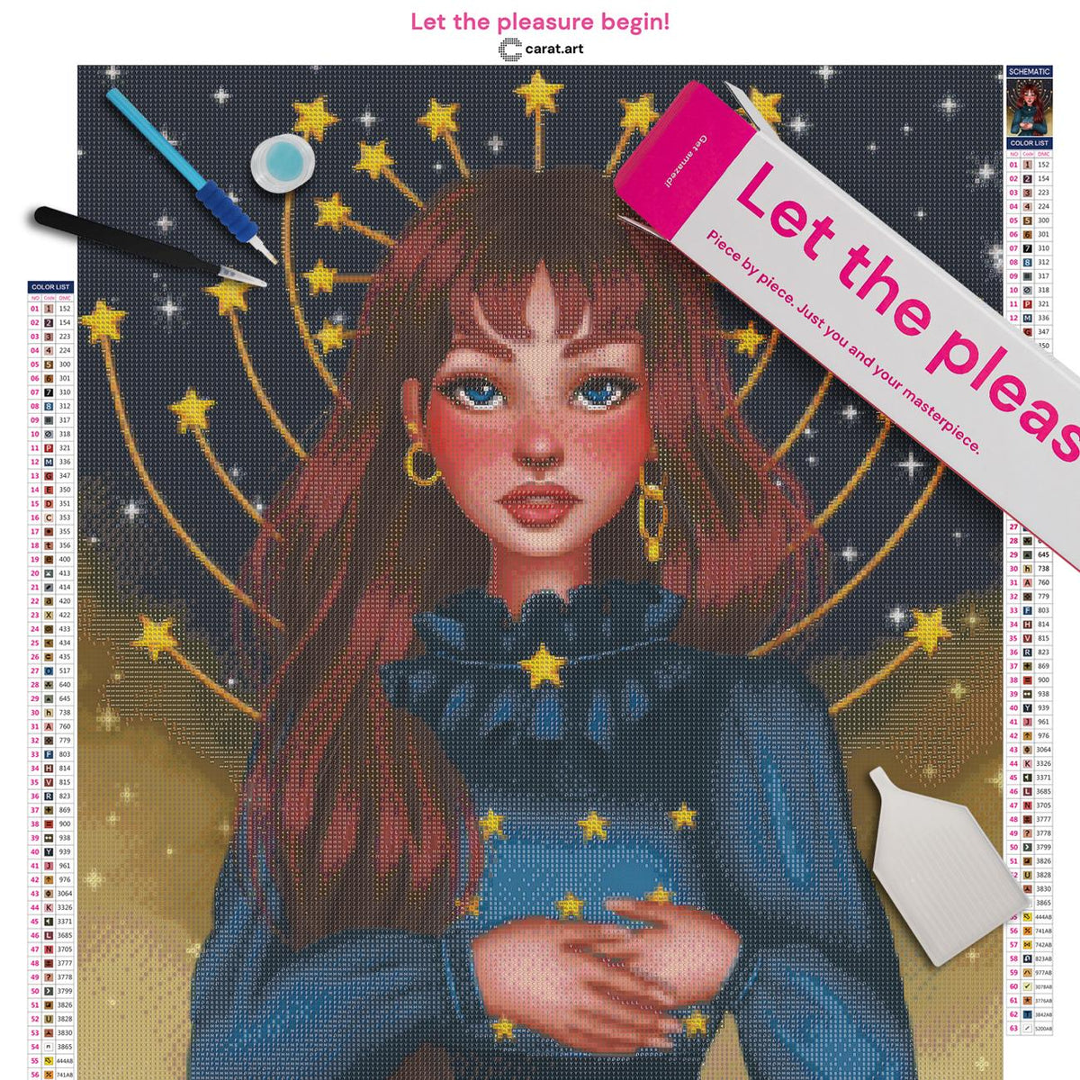 Diamond Painting Set mit Schicksalsgöttin, langen roten Haaren, türkisem Kleid und funkelnden Sternen in den Händen vor einer mystischen Sternenkonstellation inklusive Leinwand, cearat.com Karton und hochwertigem Zubehör