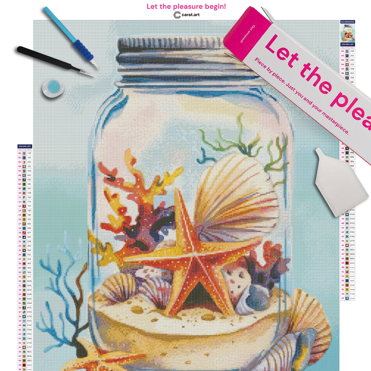 Diamond Painting Set mit Seestern, Muscheln und Korallen in einem dekorativen Glasgefäß auf Leinwand mit Diamond Painting Werkzeug und cearat.com Box