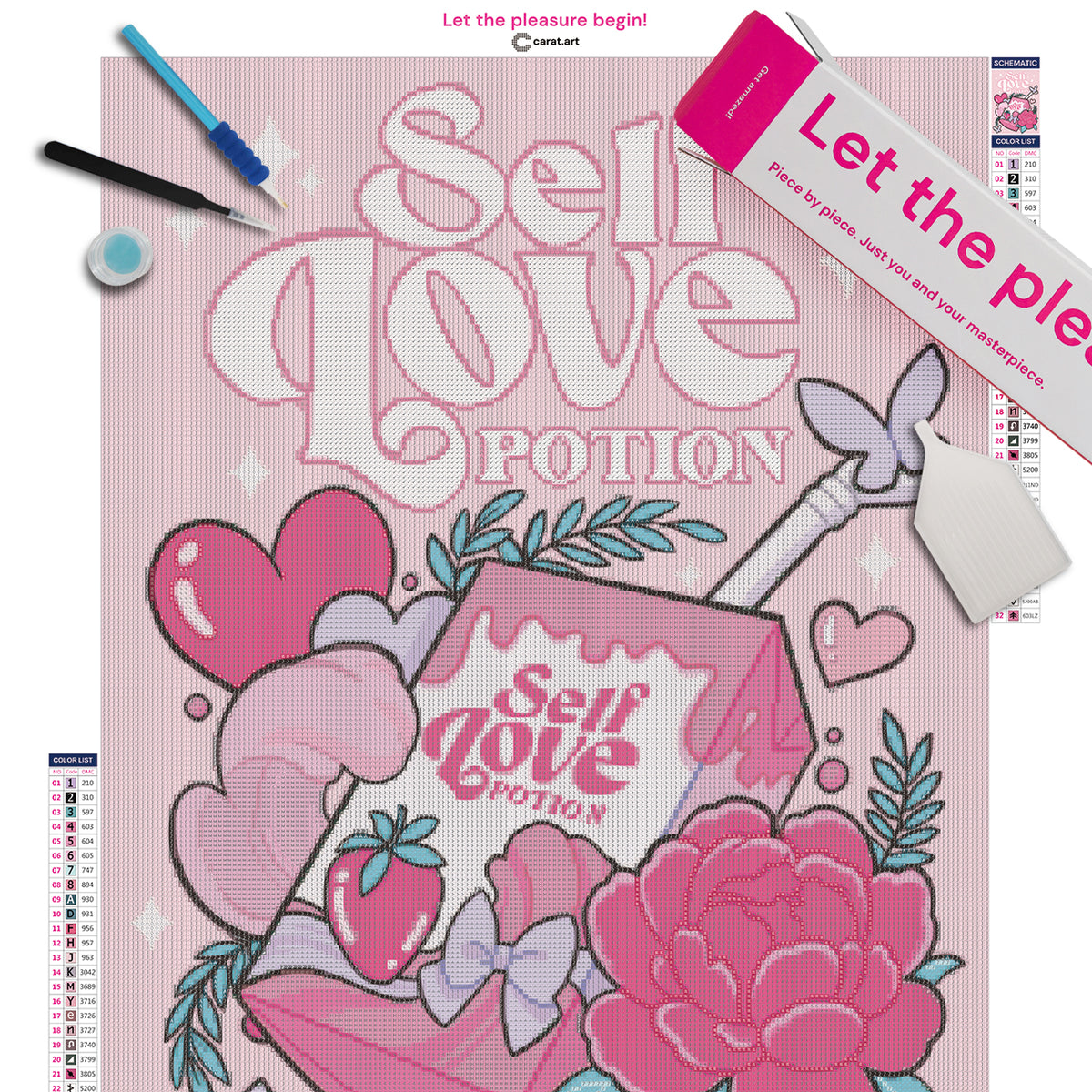 Diamond Painting Set mit Self Love Potion und Saftkarton Motiv inklusive Leinwand, cearat.com Karton und hochwertigem Zubehör
