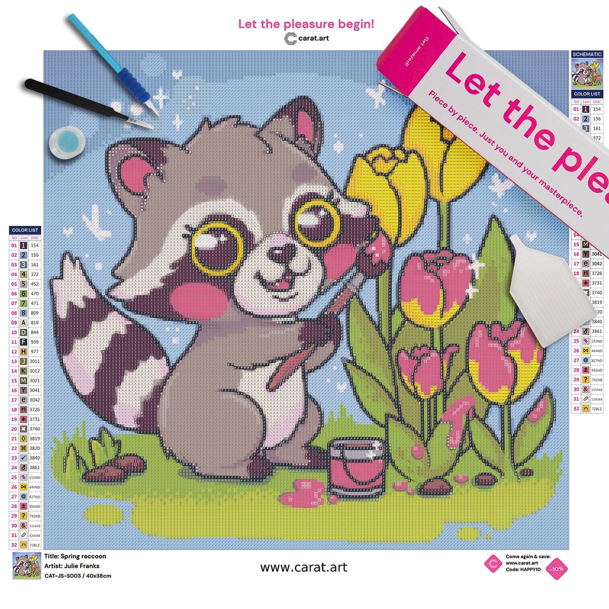 Diamond Painting Set mit Waschbär, Tulpen und Frühlingsmotiv inklusive Leinwand, cearat.com Karton und hochwertigem Zubehör