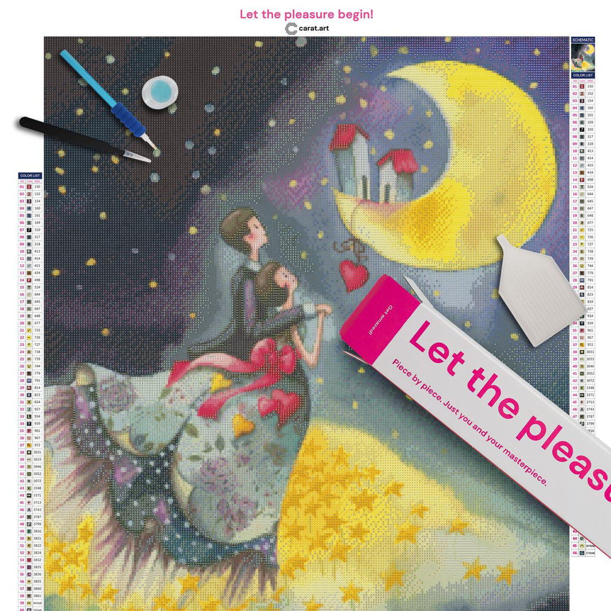 Diamond Painting Set mit romantischem Sternenhimmel und verliebtem Paar inklusive Leinwand, cearat.com Karton und hochwertigem Zubehör