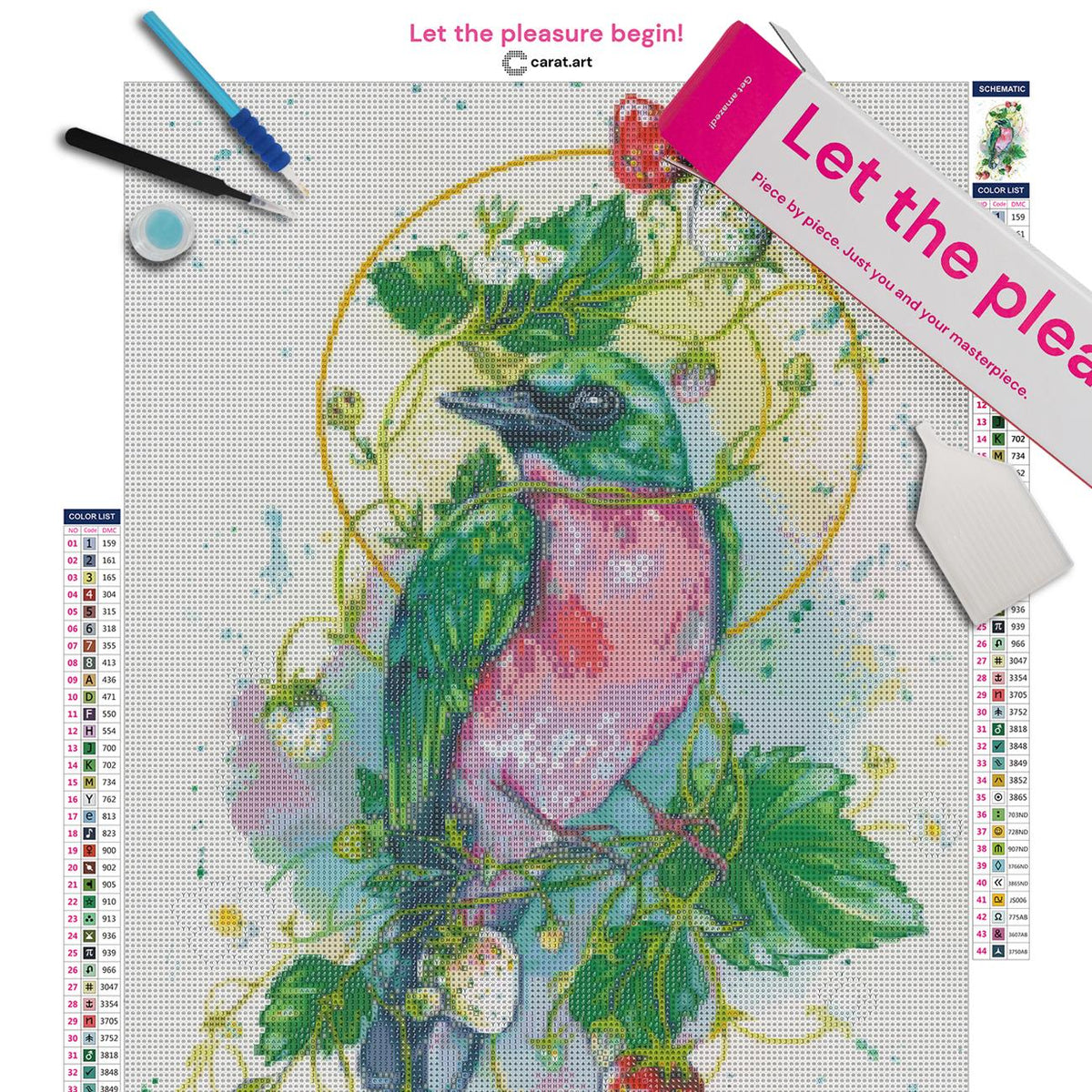 Premium Diamond Painting Set mit Vogel, Erdbeeren und Blüten inklusive Leinwand, cearat.com Karton und Zubehör