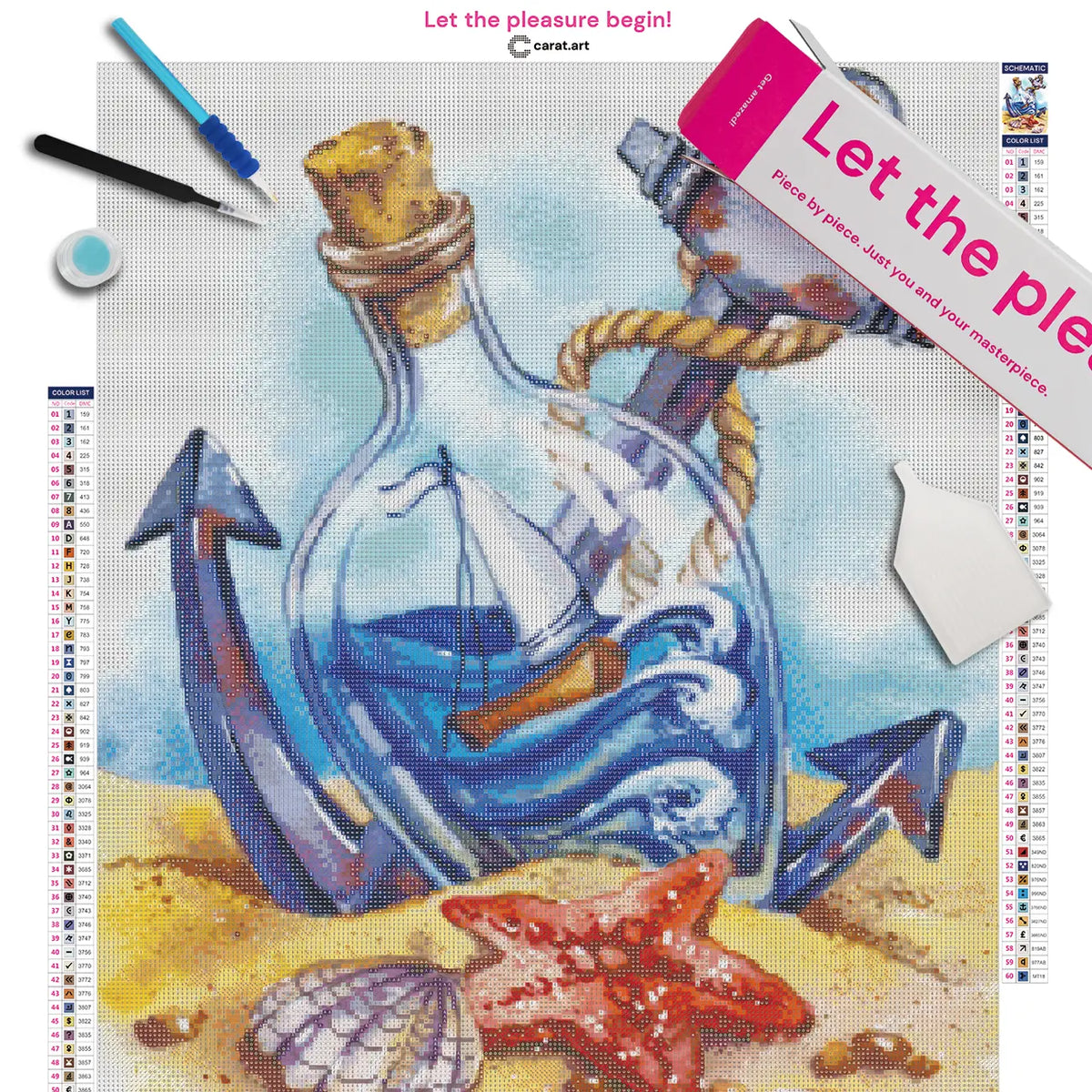 Diamond Painting Set mit Flaschenschiff, Anker, Muscheln und Seestern als maritimes Sommermotiv auf Leinwand, mit cearat.com Karton und hochwertigem Zubehör