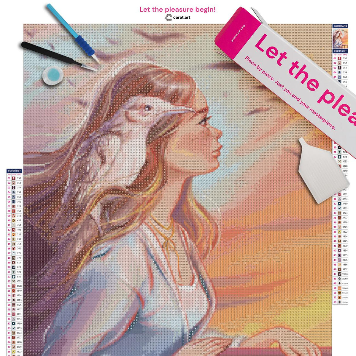 Diamond Painting Set mit Frau, weißem Vogel und wehendem Haar vor einem stimmungsvollen Sonnenuntergang in Purpur- und Goldtönen inklusive Leinwand, cearat.com Karton und hochwertigem Zubehör