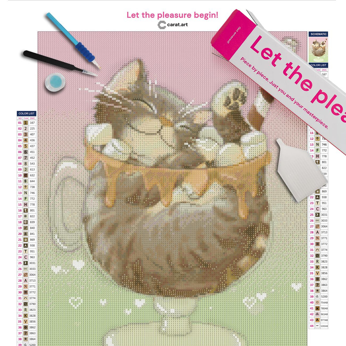 Premium Diamond Painting Set mit Katze und Dessert Motiv inklusive Leinwand, cearat.com Karton und hochwertigem Zubehör