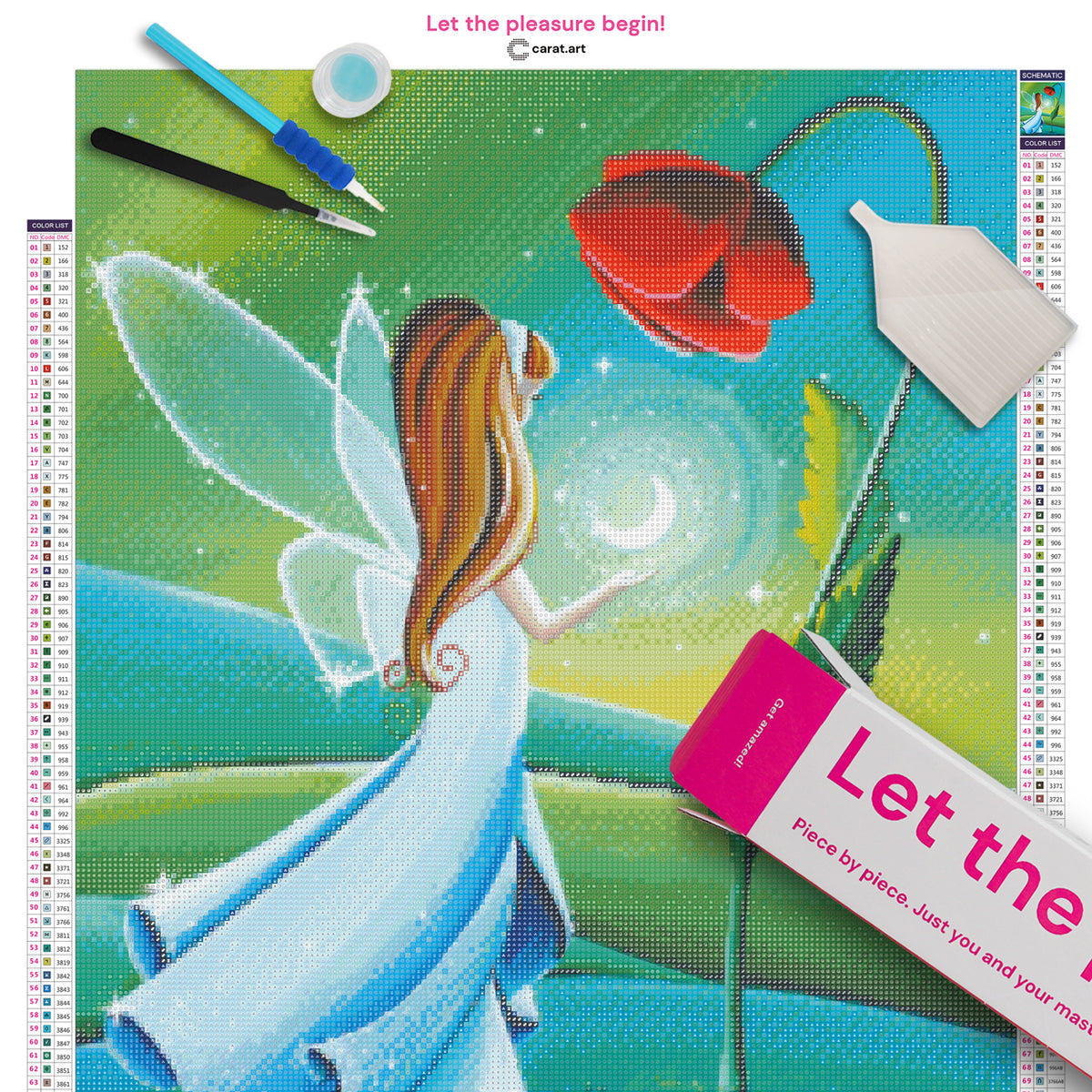 Diamond Painting Set mit kleiner Fee, transparenten Flügeln und Halbmond unter einer roten Mohnblume inklusive Leinwand, cearat.com Karton und hochwertigem Zubehör