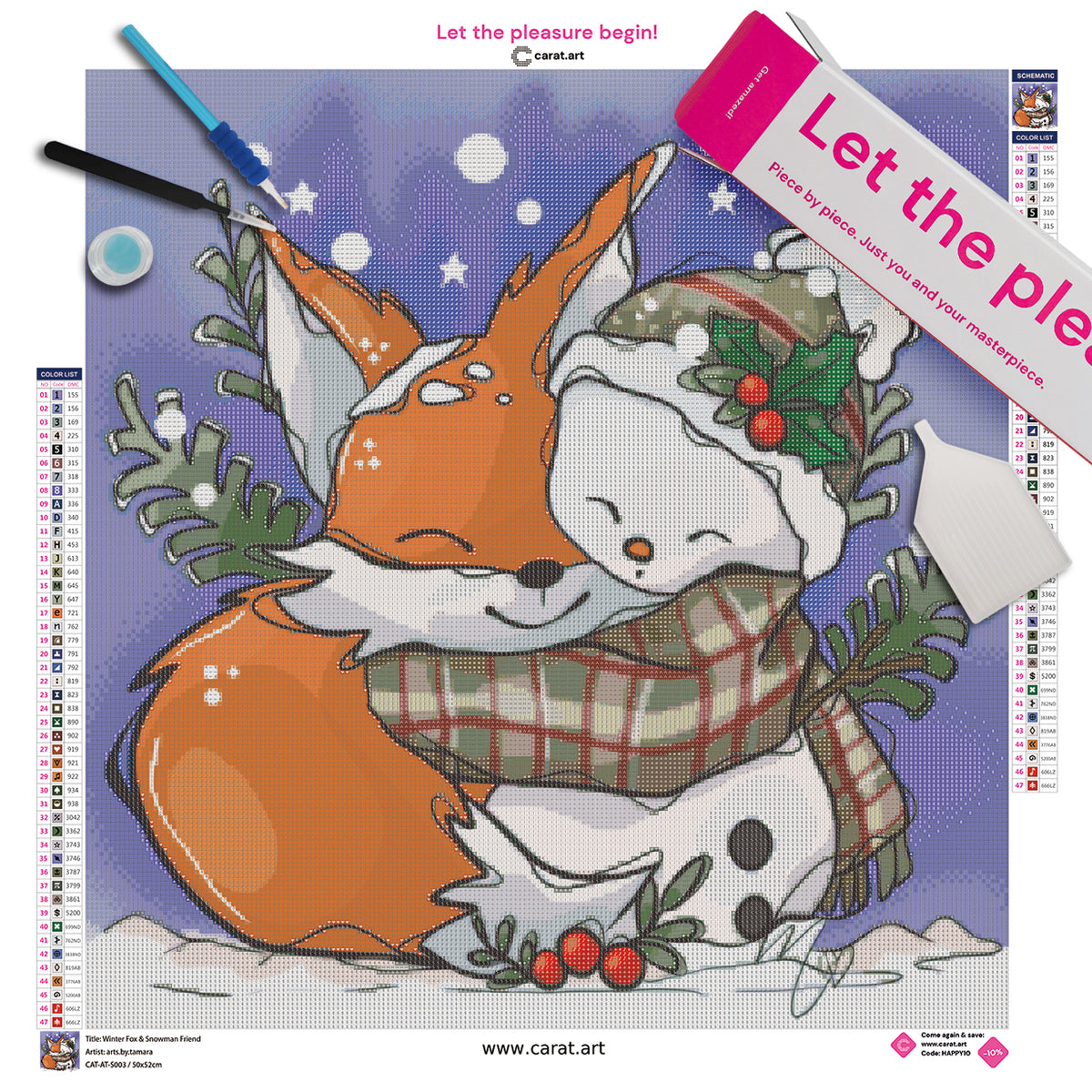 Diamond Painting Set mit Fuchs, Schneemann und winterlicher Dekoration aus Zweigen und Beeren inklusive Leinwand, cearat.com Karton und hochwertigem Zubehör