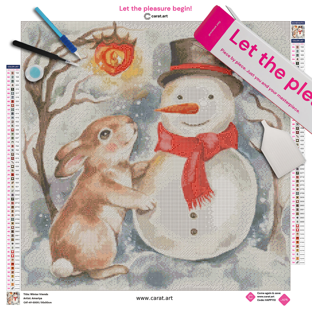 Diamond Painting Set mit kleinem Hasen und Schneemann mit Zylinder und Schal unter einer Laterne an einem Ast in einer winterlichen Nacht inklusive Leinwand, cearat.com Karton und hochwertigem Zubehör