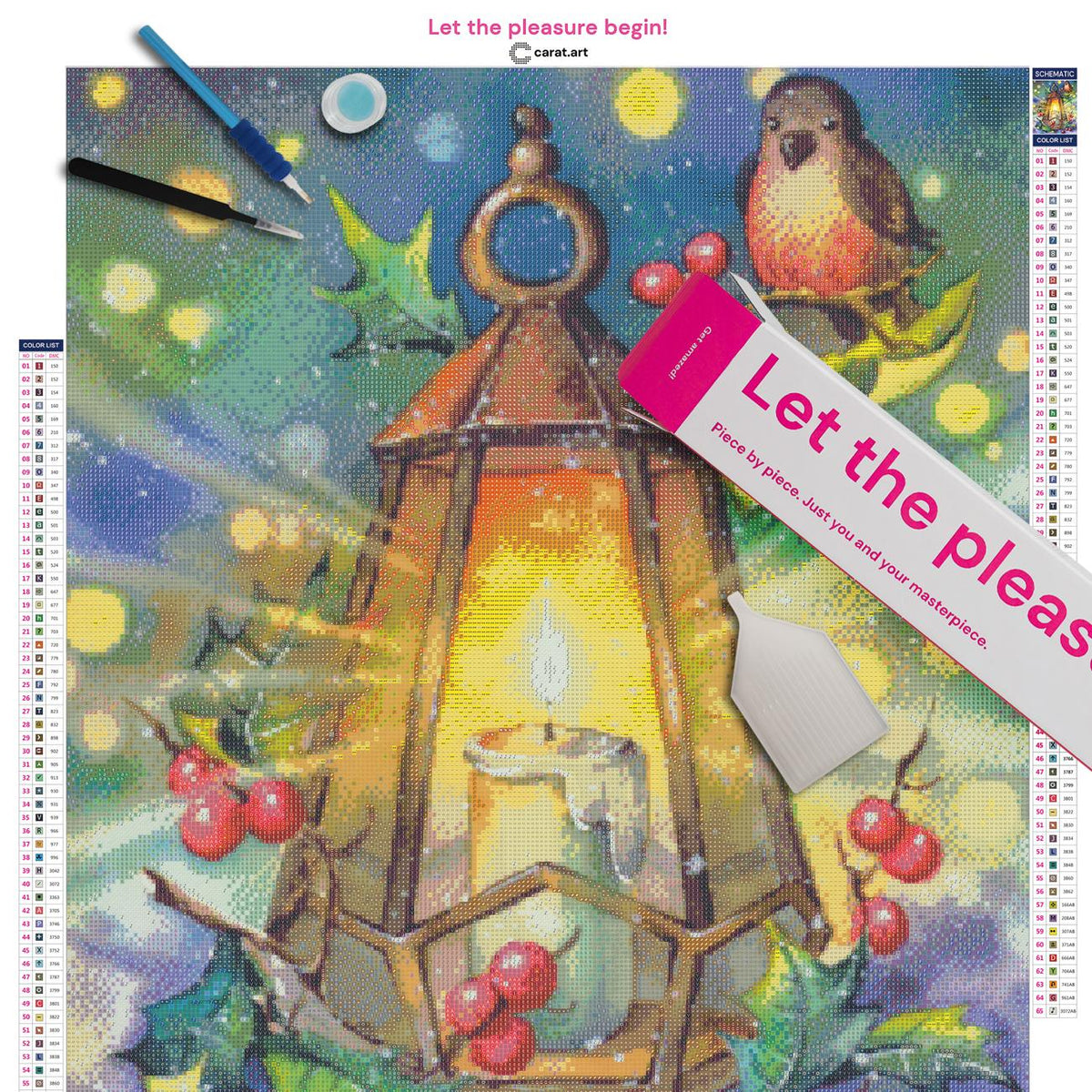 Diamond Painting Set mit leuchtendem Windlicht, kleinem Vogel und winterlicher Dekoration aus Zweigen, Blättern und Beeren inklusive Leinwand, cearat.com Karton und hochwertigem Zubehör