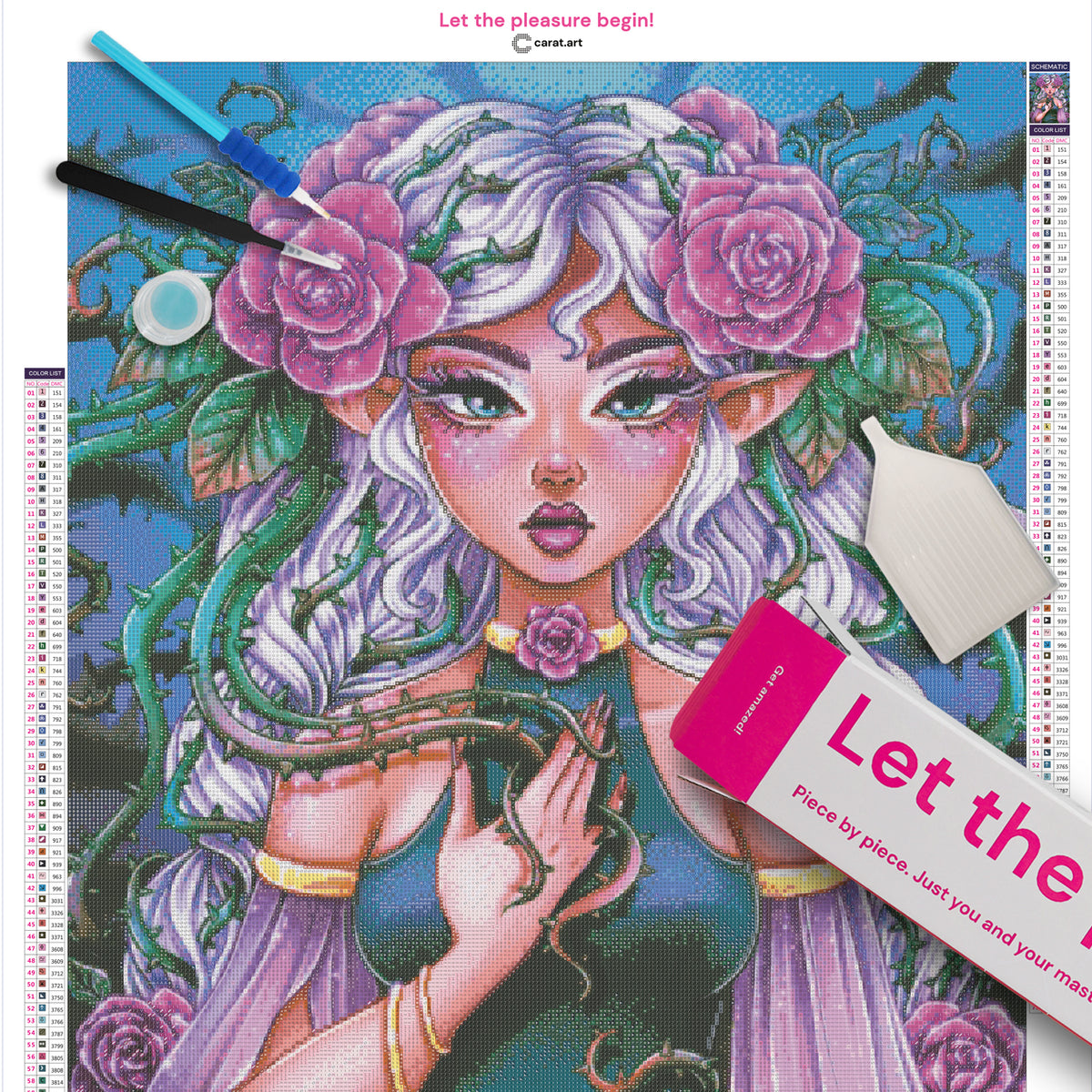 Diamond Painting Set mit Mädchen, weiß-lila Haaren, pinkfarbenen Rosen und Dornenranken inklusive Leinwand, cearat.com Karton und hochwertigem Zubehör