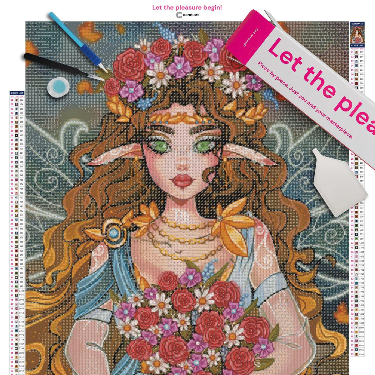 Diamond Painting Set mit Sternzeichen Fee, Feenflügeln und Blumenschmuck inklusive Leinwand, cearat.com Karton und Zubehör