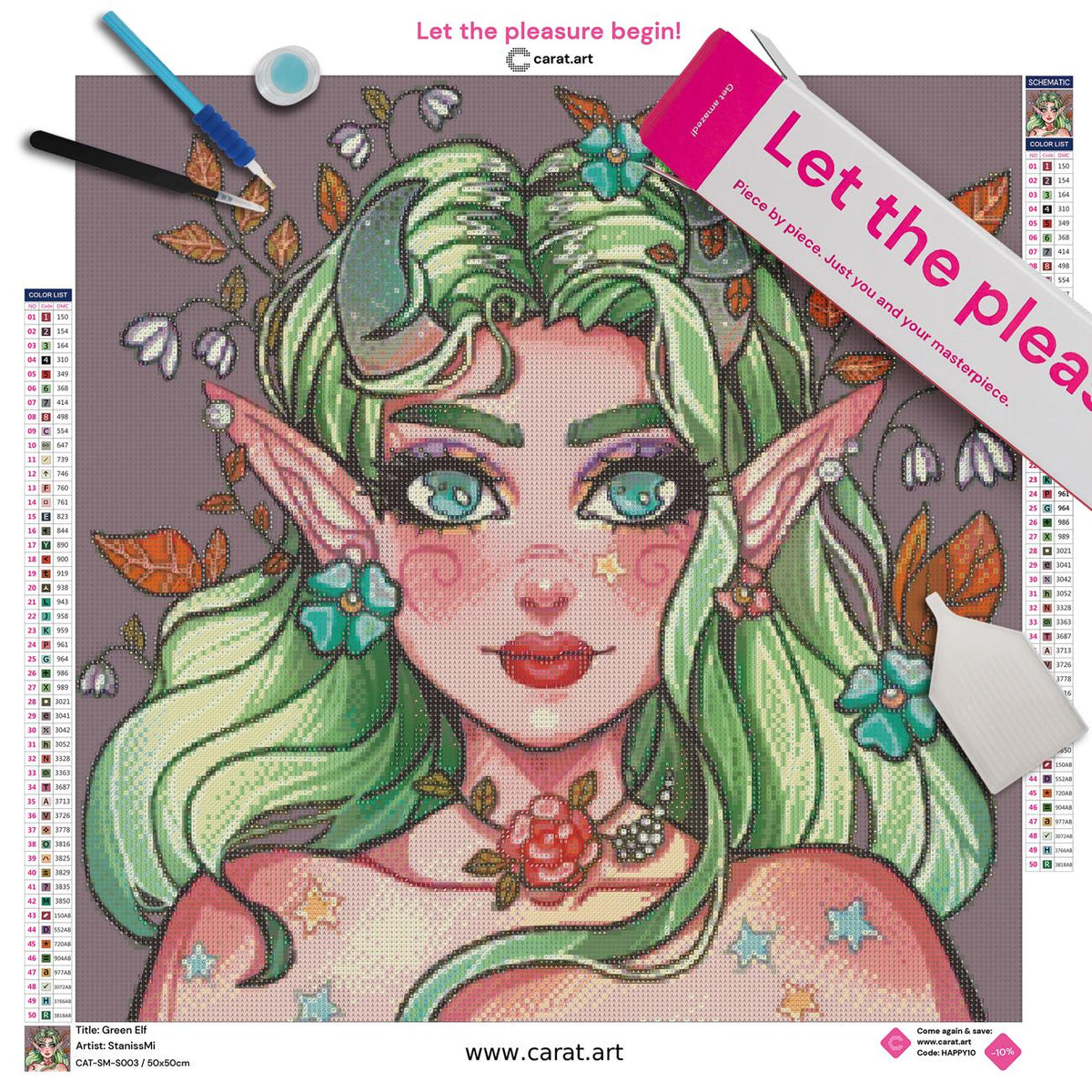Diamond Painting Set mit Green Elf Fantasy Portrait inklusive Leinwand, cearat.com Karton und hochwertigem Zubehör