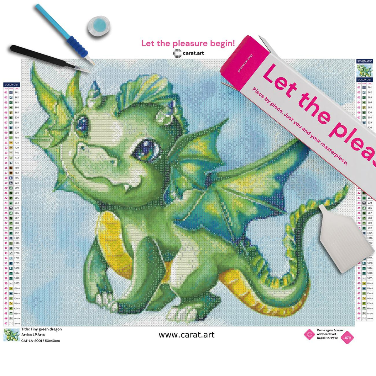 Premium Diamond Painting Set mit kleinem grünen Drachen inklusive Leinwand, cearat.com Karton und hochwertigem Zubehör