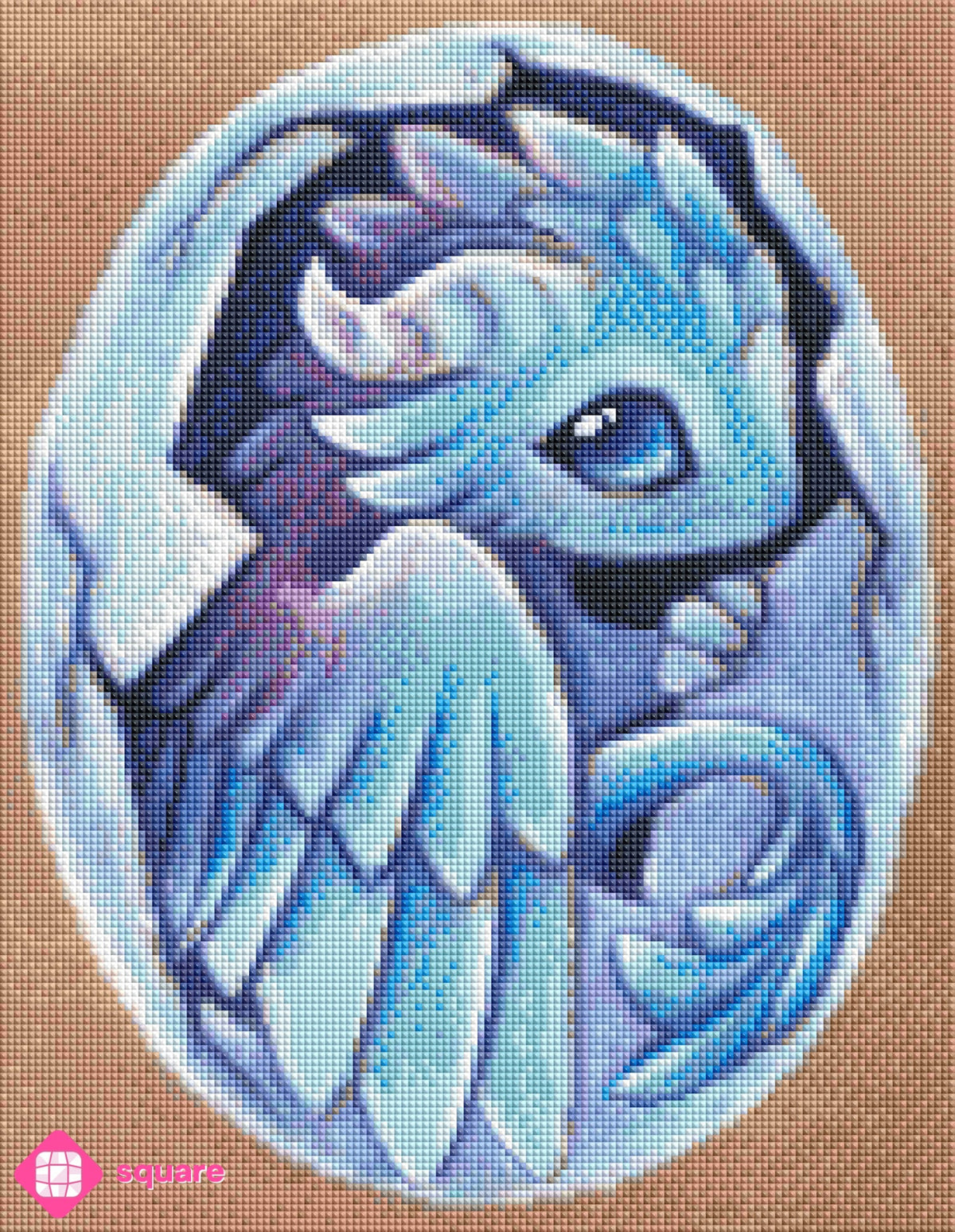 Diamond Painting Vorschau mit einem niedlichen hellblauen Drachen, der gerade aus einem hellblauen Ei schlüpft,  in funkelnder Steinoptik als Render-Vorschau