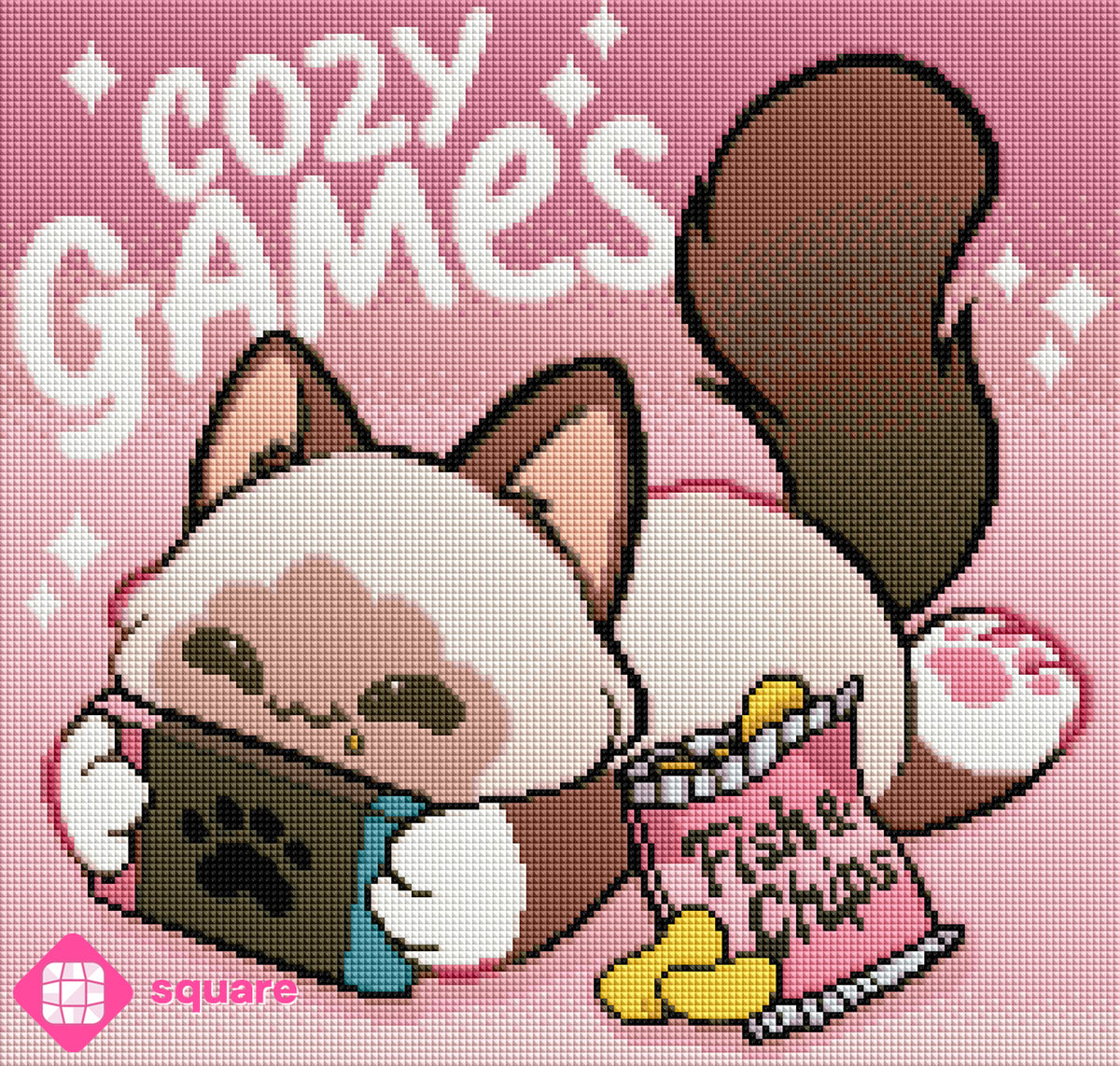 Diamond Painting Vorschau eines verspielten Kawaii-Motivs mit Kätzchen, Gaming-Controller, Snacks und dem Schriftzug „Cozy Games“  in funkelnder Steinoptik als Render-Vorschau