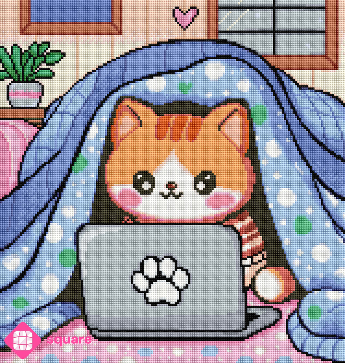 Diamond Painting Vorschau mit einem getigerten Kätzchen unter einer gepunkteten Decke, das fasziniert auf seinen Laptop blickt, in funkelnder Steinoptik als Render-Vorschau