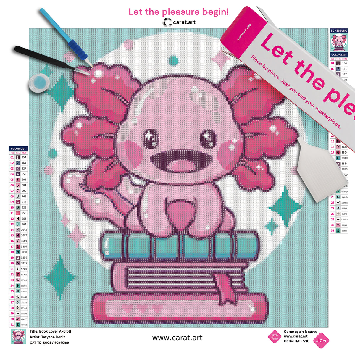Premium Diamond Painting Set mit niedlichem Kawaii-Axolotl auf einem Stapel Bücher auf Leinwand mit Diamond Painting Zubehör und cearat.com Karton