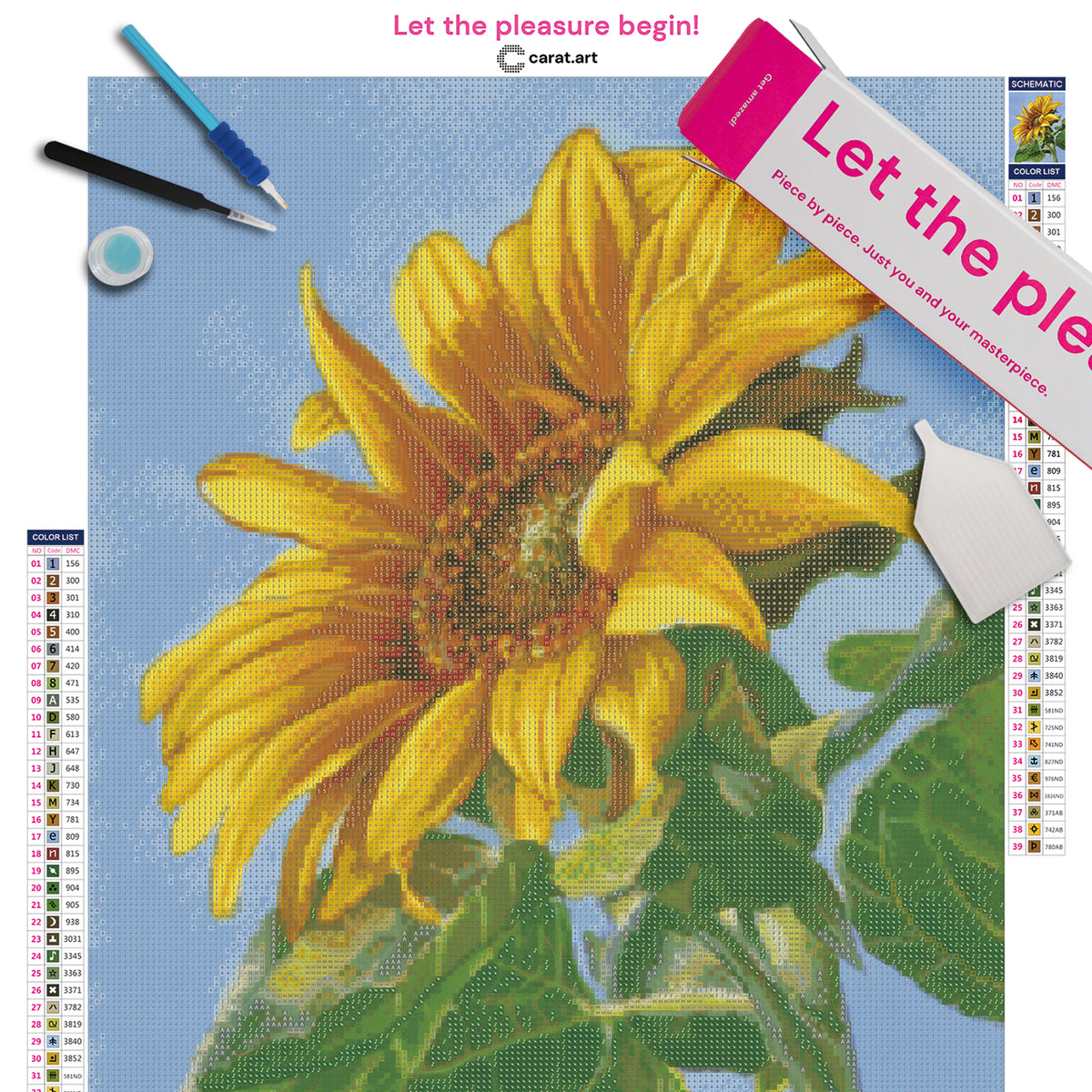 Premium Diamond Painting Set mit leuchtender Sonnenblume vor blauem Himmel auf Leinwand mit Diamond Painting Werkzeug und cearat.com Karton