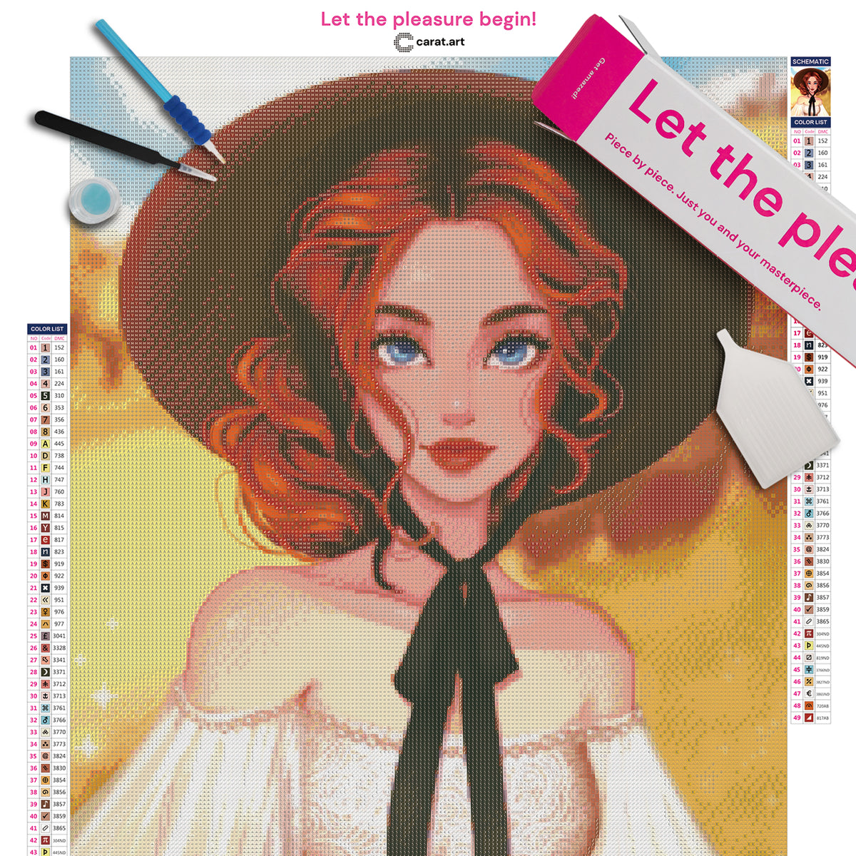 Diamond Painting Set mit Grace im weißen Spitzenkleid und großem dunklem Hut vor einem goldenen Feld auf Leinwand mit Diamond Painting Werkzeug und cearat.com Box
